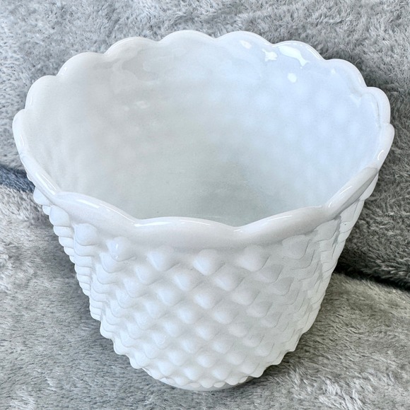 Vintage Fire-King White Milk Glass Hobnail Planter Bowl Scalloped Rim - Picture 2 of 6